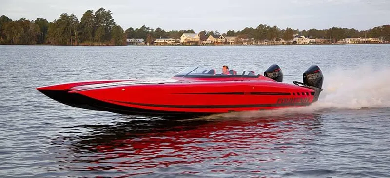 Slide: The Image of 2025 Fountain 34 Thunder Cat speedboat cruising on a lake. - 16