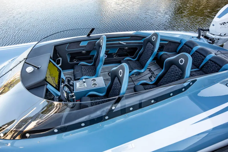 Slide: The Image of 2025 Fountain 34 Thunder Cat interior with modern seating and navigation system. - 5