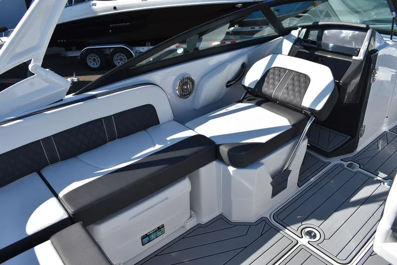 Slide: The Image of 2024 Monterey M-45 boat interior with luxurious seating and modern design. - 26