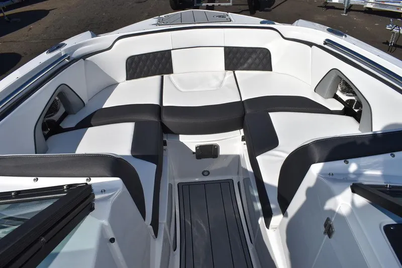 Slide: The Image of 2024 Monterey M-45 boat interior with white and black seating. - 48