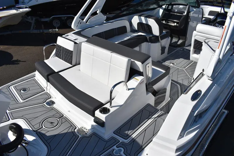 Slide: The Image of 2024 Monterey M-45 boat interior with black and white seating and modern design. - 8