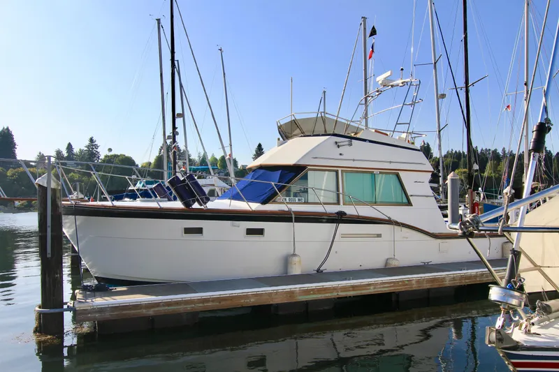 Slide: The Image of 1977 Hatteras 37 Convertible yacht docked at a marina. - 7