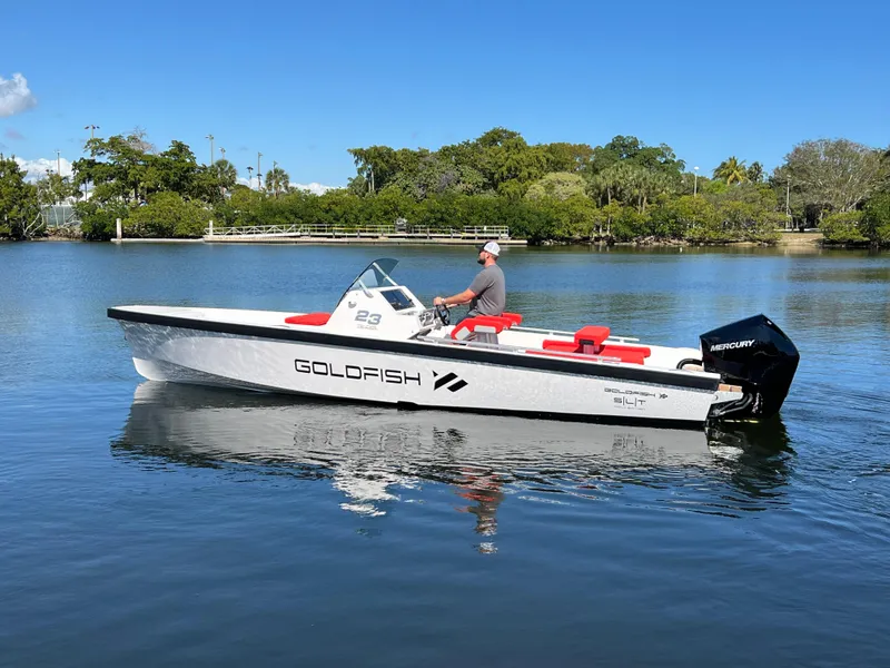 Slide: The Image of 2021 Goldfish 23 Tender boat on calm water, featuring sleek design and Mercury engine. - 1