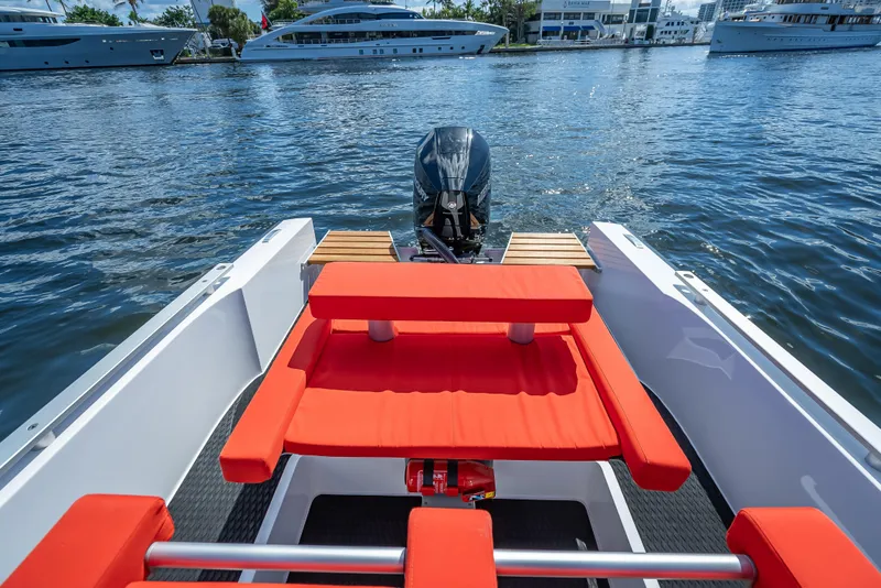 Slide: The Image of 2021 Goldfish 23 Tender boat with red seating, docked on a calm waterway. - 11