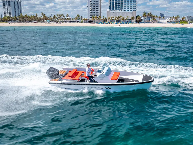 Slide: The Image of 2021 Goldfish 23 Tender boat cruising near a beach with buildings in the background. - 21