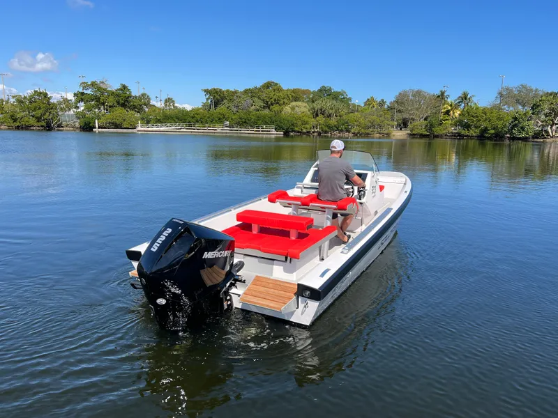 Slide: The Image of 2021 Goldfish 23 Tender boat with Mercury engine on calm water, clear blue sky. - 4