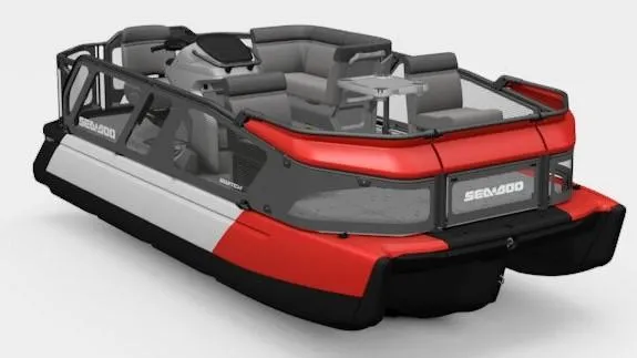 Slide: The Image of 2024 Sea-Doo Switch 16 pontoon boat on trailer, parked outdoors under blue sky. - 2