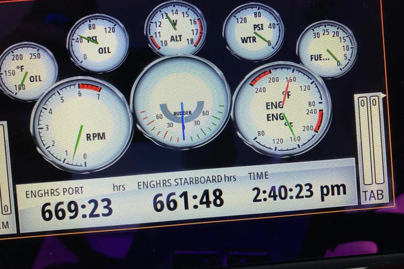 Slide: The Image of Dashboard of a 2004 Regal 3860 Commodore showing engine hours and gauges. - 30