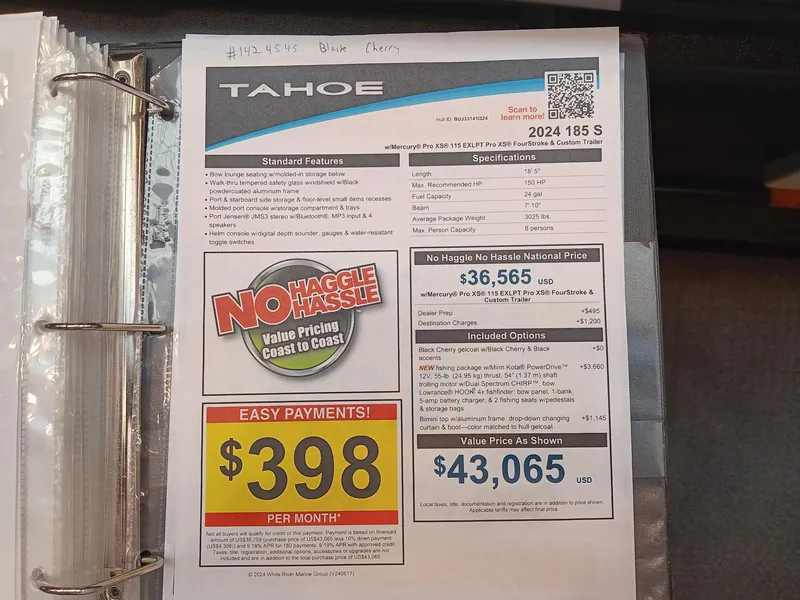 Slide: The Image of 2024 Tahoe 185 S boat pricing sheet with no-haggle offer and easy payment options. - 8