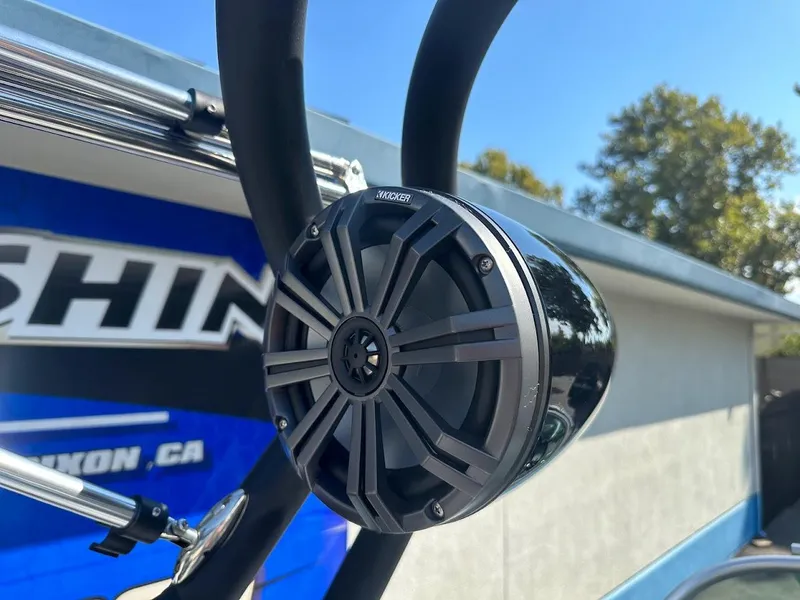 Slide: The Image of Close-up of a 2024 Sanger V215 SX boat speaker system. - 34