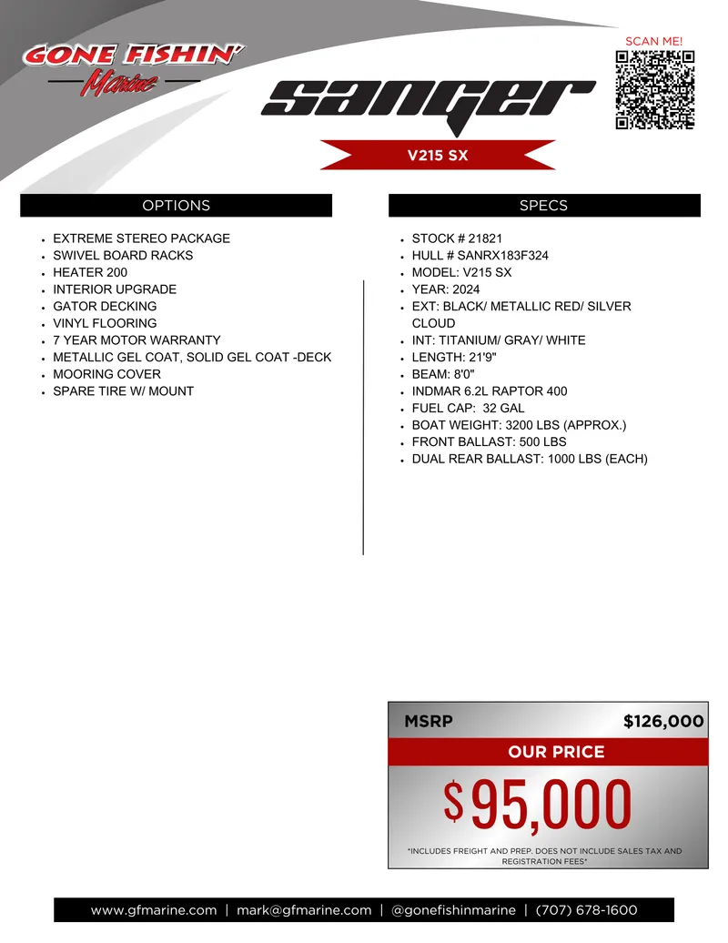 Slide: The Image of 2024 Sanger V215 SX boat features, options, and pricing details. - 38