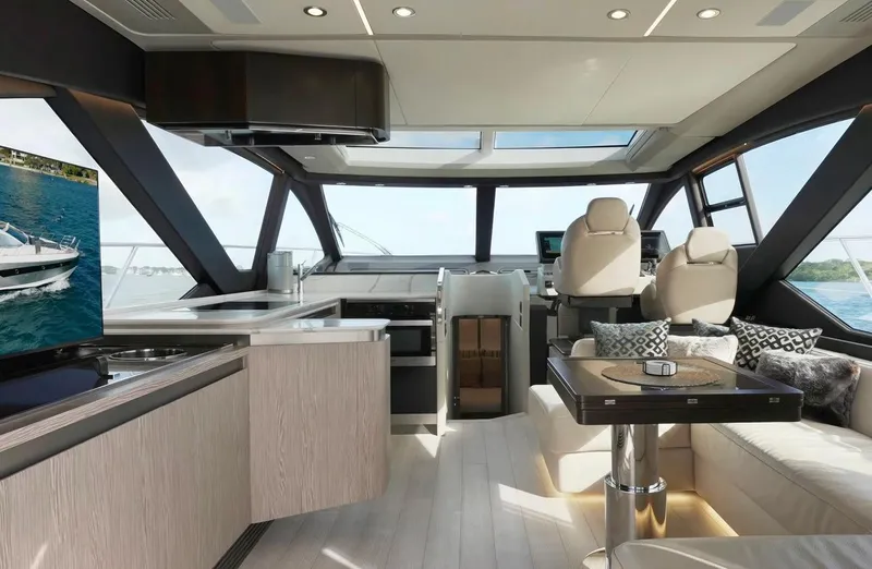 Slide: The Image of Luxurious interior of 2021 Azimut S6 Sports Fly yacht with modern design and panoramic windows. - 12