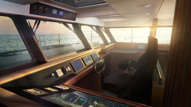 Slide: The Image of Modern Archipelago 47 yacht cockpit with advanced navigation systems, 2025 model, sunset view over the ocean. - 10