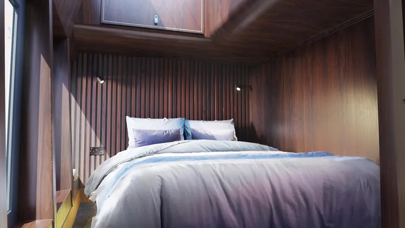 Slide: The Image of Modern bedroom interior in Archipelago 47, 2025 model, featuring wooden walls and cozy bedding. - 14