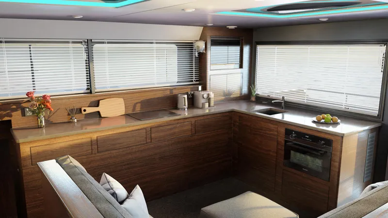 Slide: The Image of Modern kitchen in 2025 Archipelago 47 yacht with wooden cabinetry and large windows. - 18