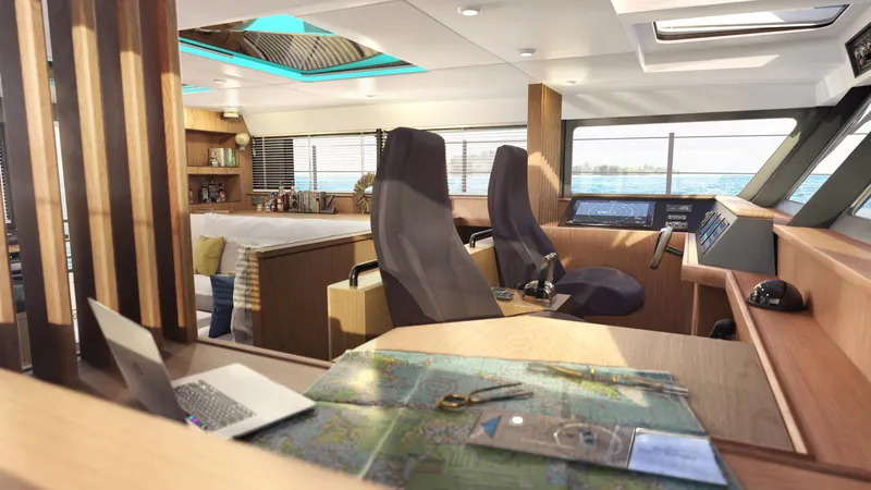 Slide: The Image of Modern interior of Archipelago 47 yacht, 2025 model, featuring navigation station and cozy living area. - 7