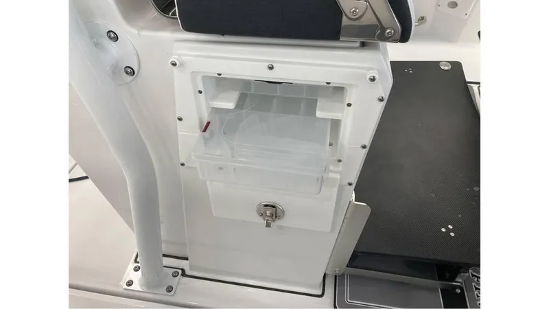 Slide: The Image of 2024 Blackfin 272 CC boat storage compartment with lock. - 20