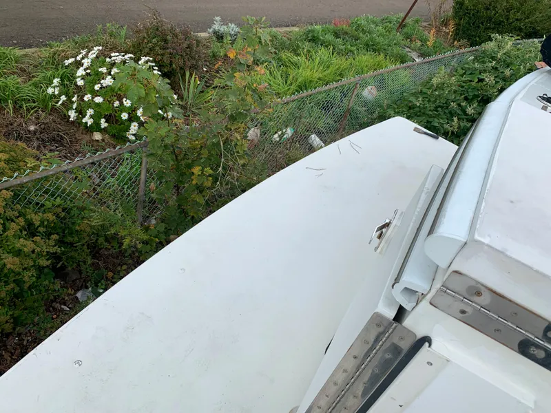 Slide: The Image of White 1998 Viking 60 CMY boat near a garden with white flowers and green foliage. - 22
