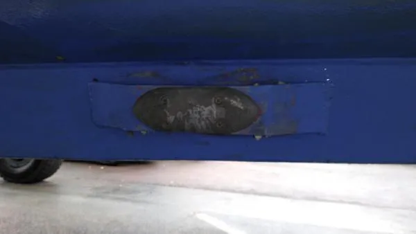 Slide: The Image of Close-up of the hull of a 2007 Custom Rockport Steel Trawler MY. - 14