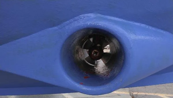 Slide: The Image of Close-up of a 2007 Custom Rockport Steel Trawler MY propeller. - 15
