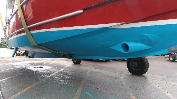 Slide: The Image of Bottom view of 2007 Custom Rockport Steel Trawler MY on a trailer. - 16