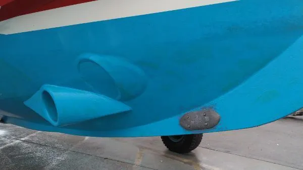 Slide: The Image of Close-up of the hull of a 2007 Custom Rockport Steel Trawler MY boat. - 17