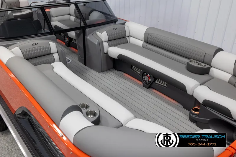 Slide: The Image of 2024 Avalon 2785 Excalibur EL boat interior with luxurious seating and modern design. - 20