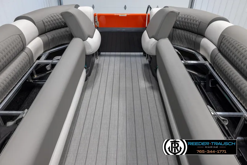 Slide: The Image of 2024 Avalon 2785 Excalibur EL boat interior with gray and white seating. - 27