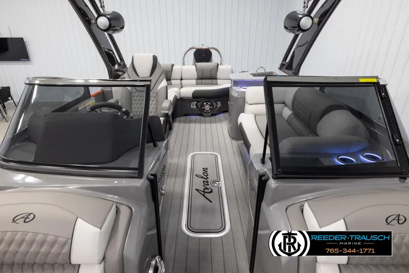 Slide: The Image of 2024 Avalon 2785 Excalibur EL luxury pontoon boat interior with premium seating and modern design. - 30