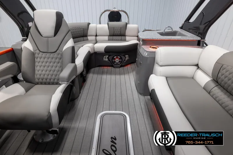 Slide: The Image of 2024 Avalon 2785 Excalibur EL boat interior with luxurious seating and modern amenities. - 31