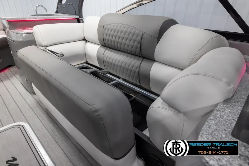 Slide: The Image of 2024 Avalon 2785 Excalibur EL luxury boat seating with gray and white upholstery. - 35