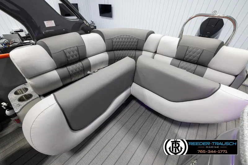 Slide: The Image of 2024 Avalon 2785 Excalibur EL luxury boat interior with gray and white seating. - 37