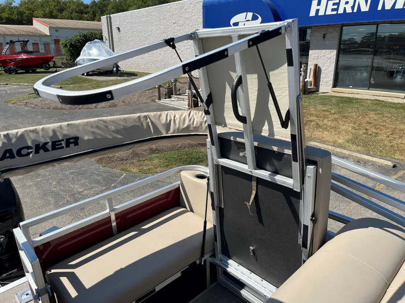 Slide: The Image of 2024 Sun Tracker Party Barge 22 RF XP3 interior with seating and canopy frame. - 9