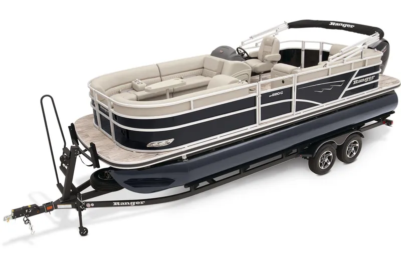 The Image of 2024 Ranger Reata 220C pontoon boat on trailer, featuring sleek design and spacious seating. - 0