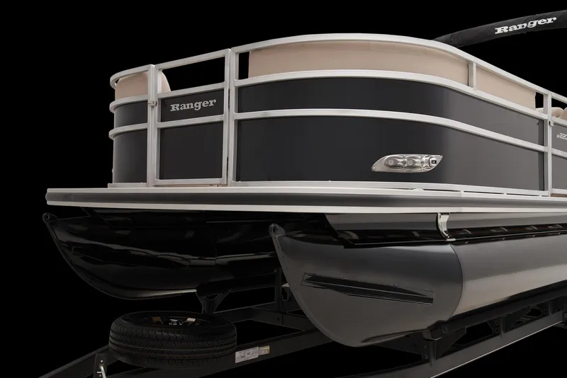 Slide: The Image of 2024 Ranger Reata 220C pontoon boat, sleek black design, side view, on trailer. - 11