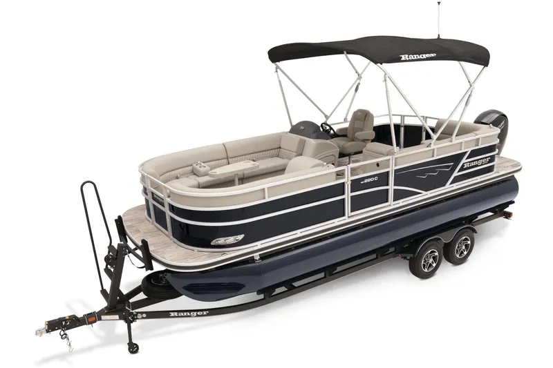 Slide: The Image of 2024 Ranger Reata 220C pontoon boat on trailer, featuring sleek design and spacious seating. - 2