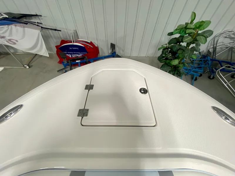 Slide: The Image of 2024 Robalo R250 boat bow with storage hatch in showroom. - 34