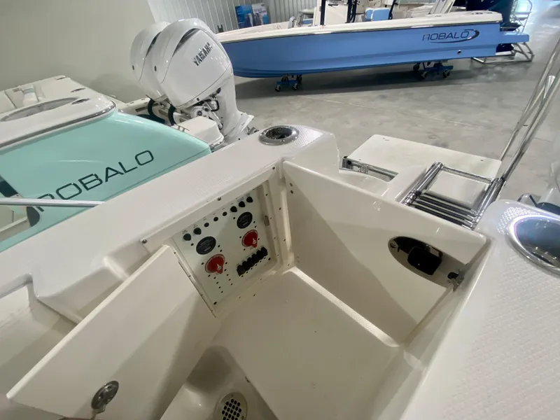Slide: The Image of 2024 Robalo R250 boat interior with control panel and Yamaha engine. - 7