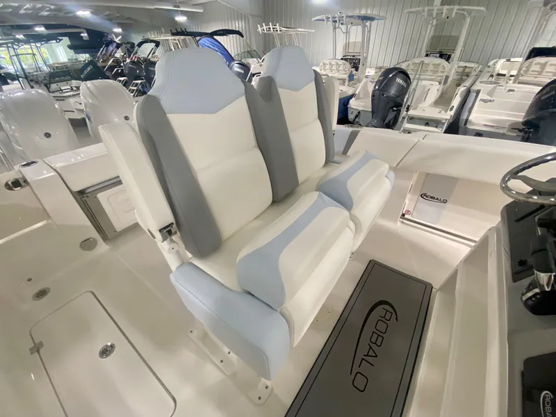 Slide: The Image of 2024 Robalo R250 boat interior with dual seats in showroom. - 18