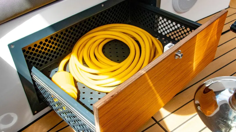 Slide: The Image of Storage compartment with yellow hose on Alfastreet 21 Open boat, 2023 model. - 26