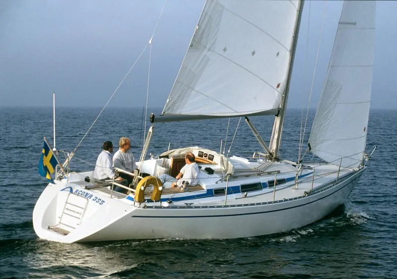 Slide: The Image of Arcona 355 Sloop 2002 sailing on open water with crew onboard. - 39