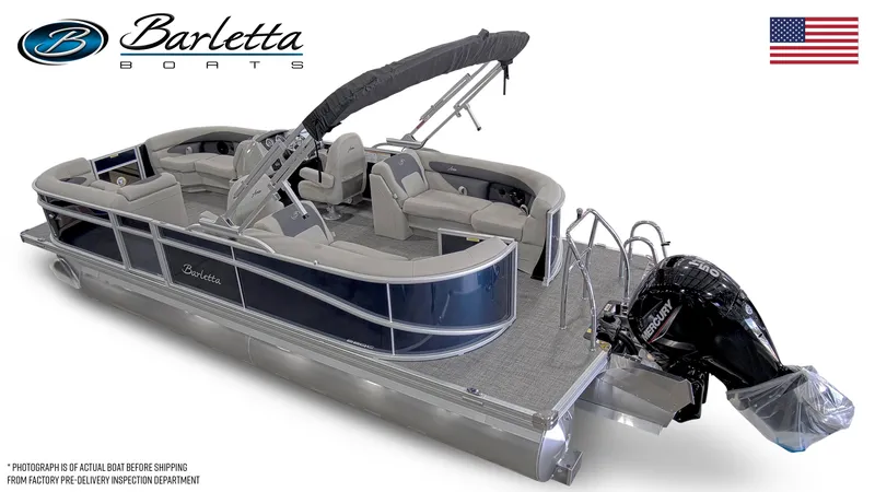 Slide: The Image of 2024 Barletta ARIA 22QC pontoon boat with outboard motor and spacious seating. - 2