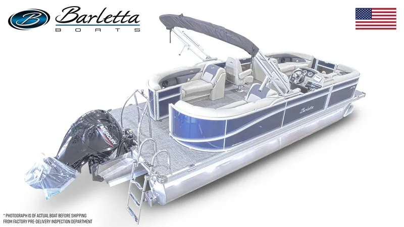 Slide: The Image of 2024 Barletta ARIA 22QC pontoon boat with outboard motor and American flag. - 6