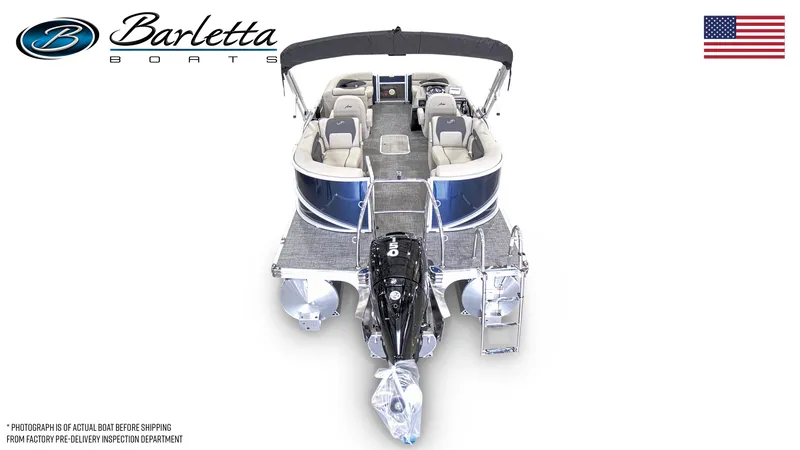 Slide: The Image of 2024 Barletta ARIA 22QC pontoon boat, rear view with motor, logo, and American flag. - 7