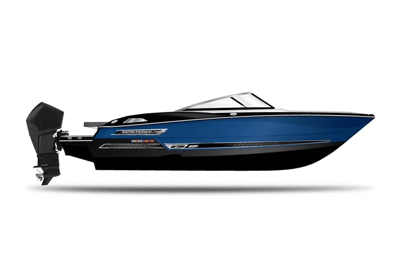 Slide: The Image of 2024 Monterey 275 Super Sport boat, side view, blue and black design. - 28