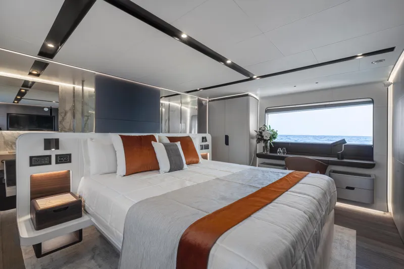 Slide: The Image of Luxurious 2024 Astondoa AS8 yacht bedroom with ocean view, modern design, and elegant decor. - 25