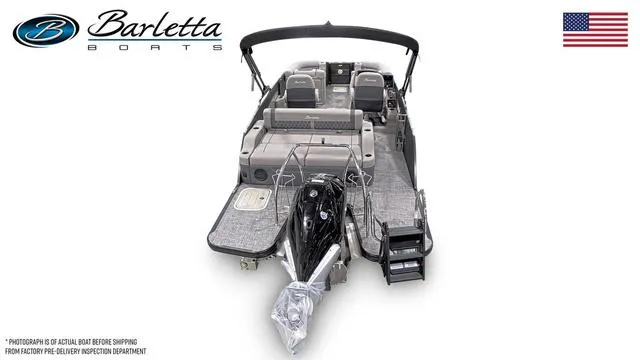 Slide: The Image of 2024 Barletta Boats Lusso 23UC luxury pontoon boat, rear view with seating and motor. - 3