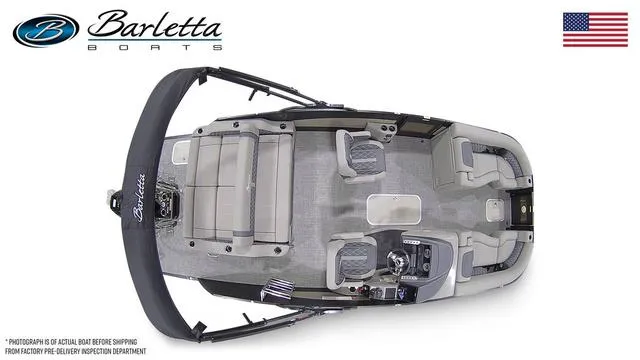 Slide: The Image of Top view of 2024 Barletta Boats Lusso 23UC pontoon boat with seating and helm. - 5