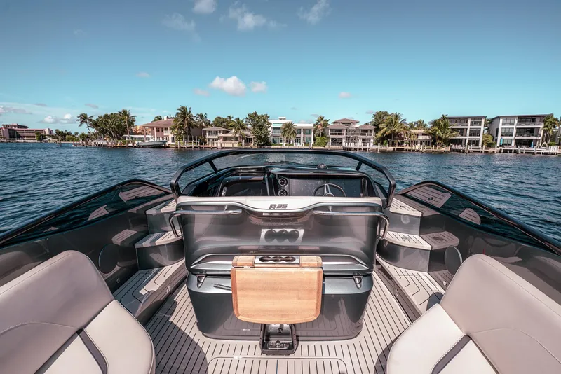 Slide: The Image of Luxury Princess R Class 35 yacht interior, 2022 model, with scenic waterfront view. - 13
