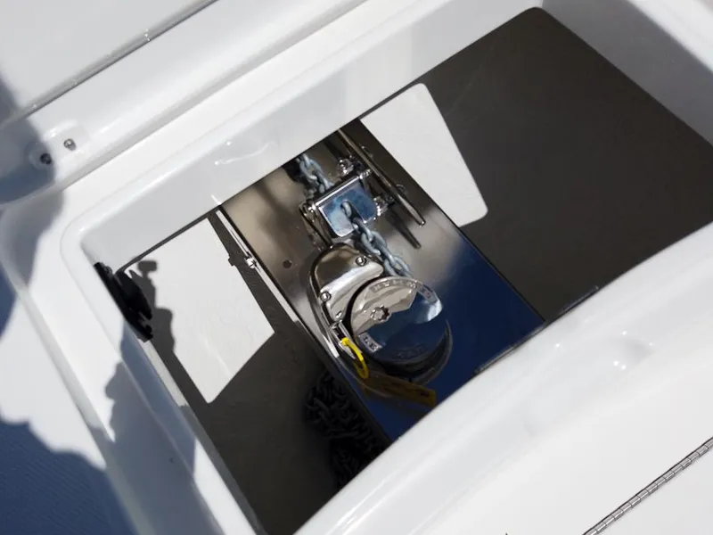 Slide: The Image of Anchor compartment of 2024 Regulator 28 boat with stainless steel fittings. - 14
